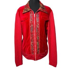 Boho Blue Willi's Red Velvet Jacket Tapestry Trim‎ Knit Zip Women L Cotton